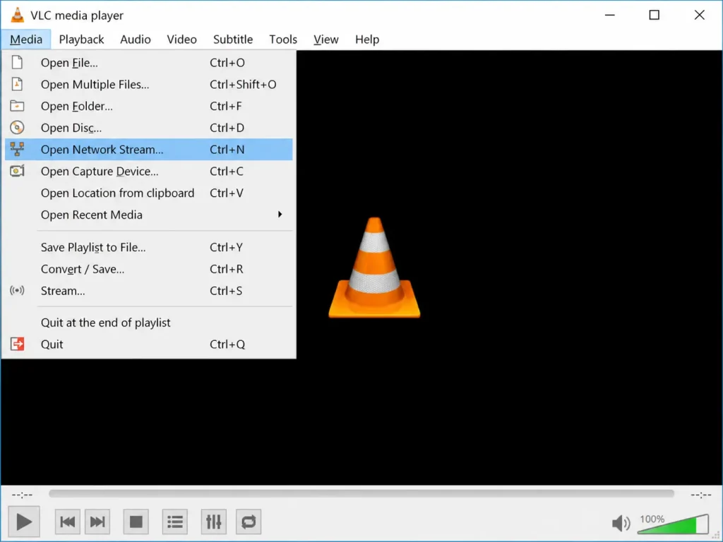 VLC media player Media menu with Open Network Stream selected