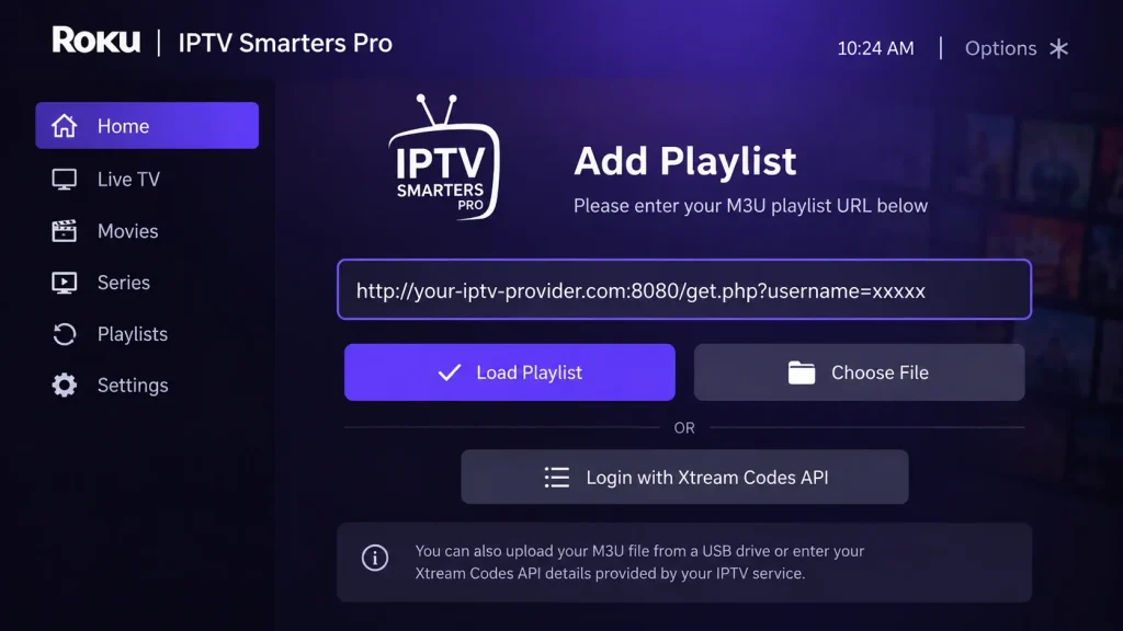 Roku IPTV player app screen asking for an M3U playlist