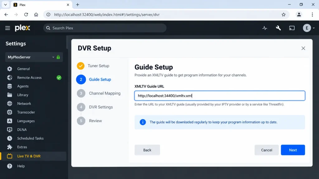 Plex DVR setup screen asking for an XMLTV guide URL