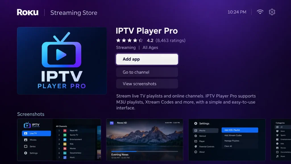 Roku Streaming Store app page with the Add app button