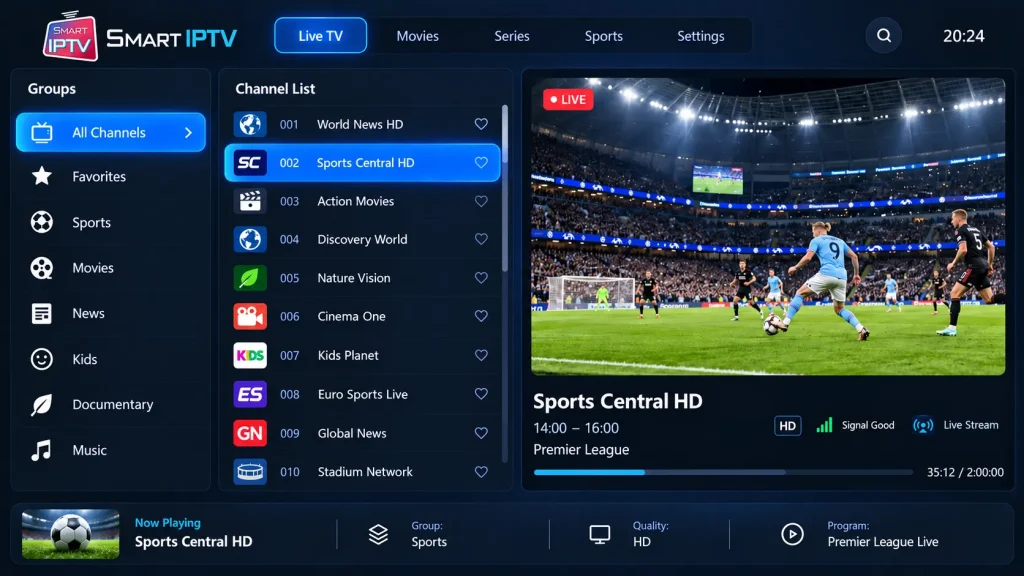 Smart IPTV channel list and groups on a TV after the playlist loads