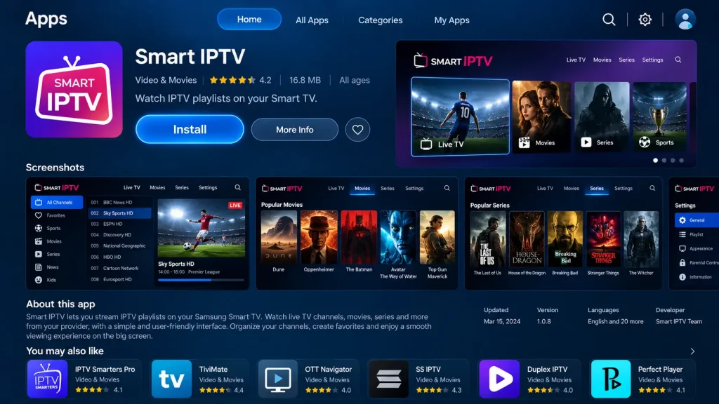 Smart IPTV app page in the Samsung Apps store with the Install button