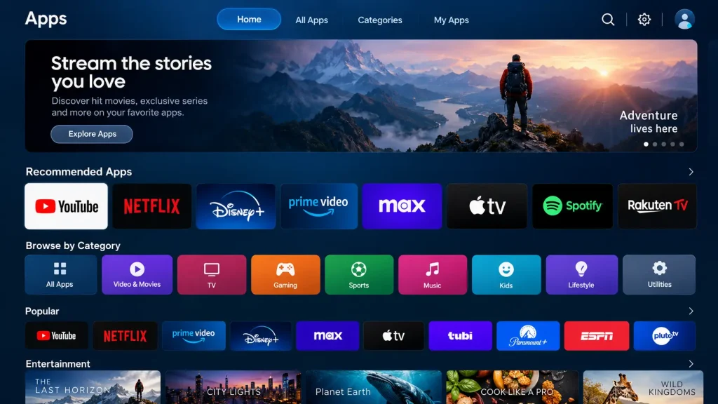 Samsung smart TV Apps store home screen used to download Smart IPTV