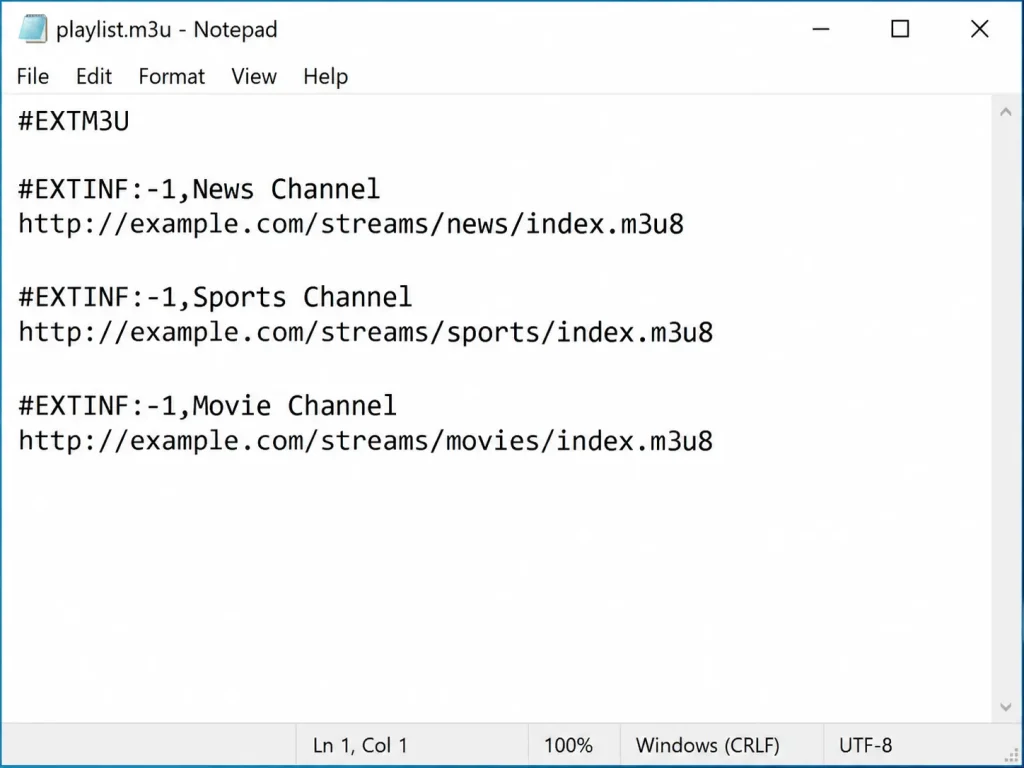 Simple M3U playlist file with EXTM3U and EXTINF lines open in Notepad