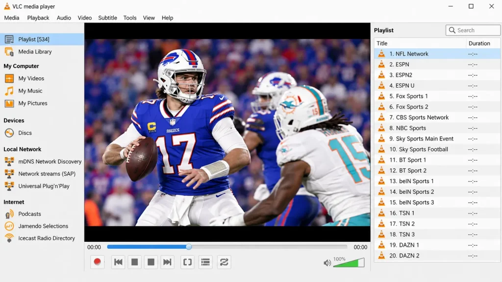 VLC playlist view listing IPTV channels from an M3U playlist