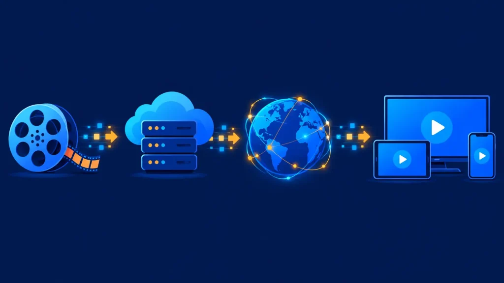 How VOD streaming works: video encoded, stored on servers and delivered on request to devices