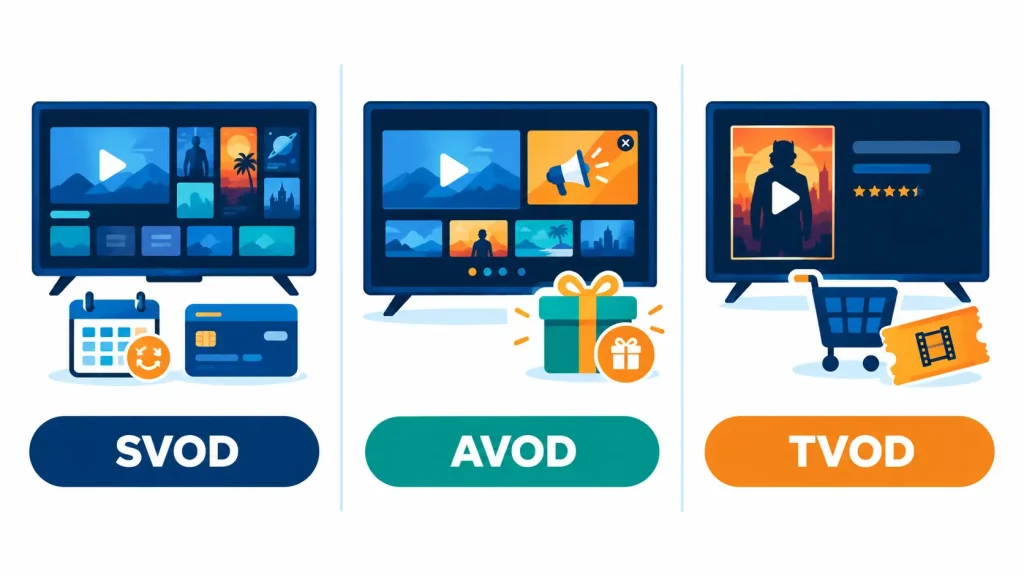 Types of VOD compared: SVOD subscription, AVOD ad-supported and TVOD rent or buy