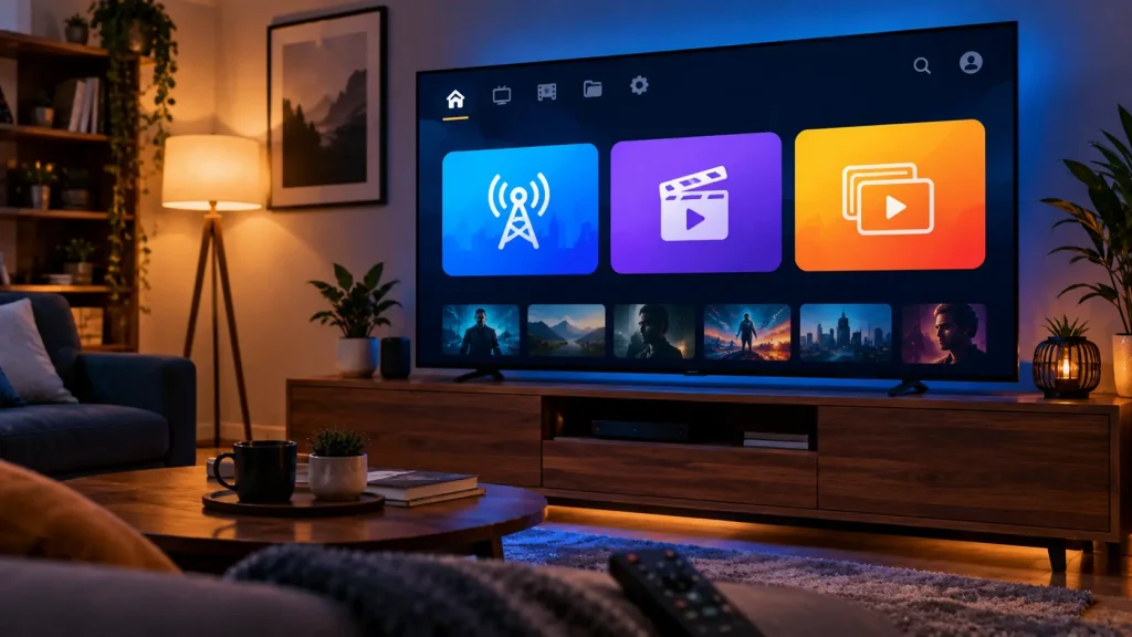 VOD on IPTV: IPTV app dashboard showing Live TV, Movies and Series sections